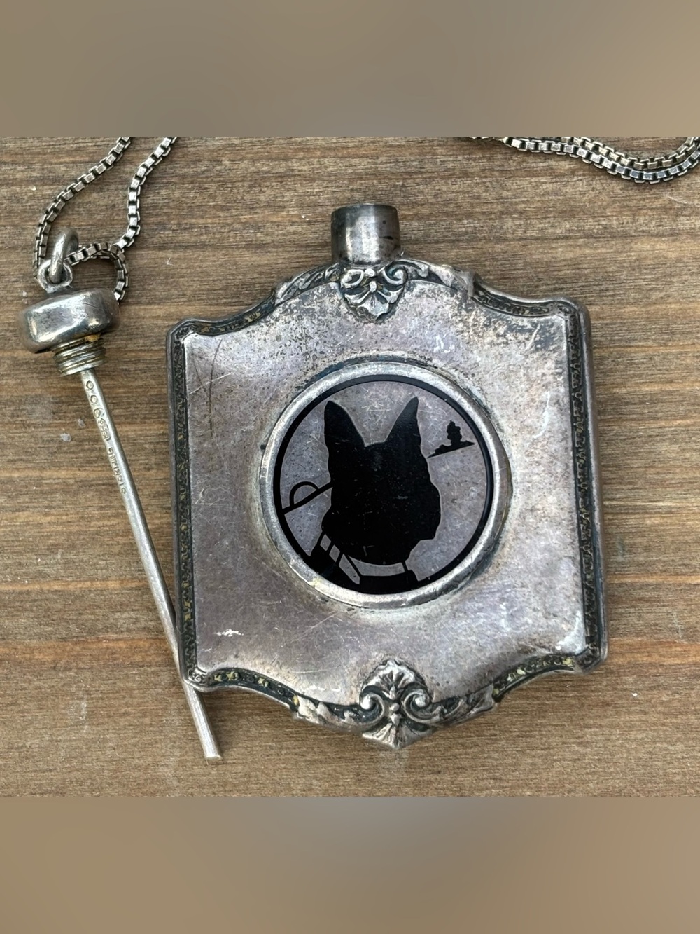 Vintage Sterling Silver Perfume Bottle Pendant with Dog Silhouette